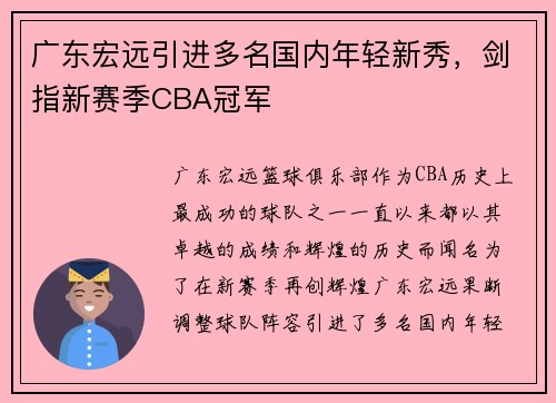广东宏远引进多名国内年轻新秀，剑指新赛季CBA冠军