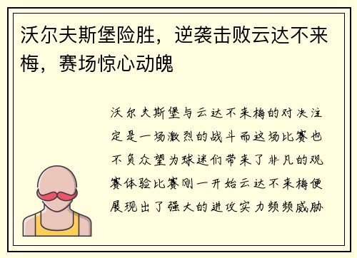 沃尔夫斯堡险胜，逆袭击败云达不来梅，赛场惊心动魄